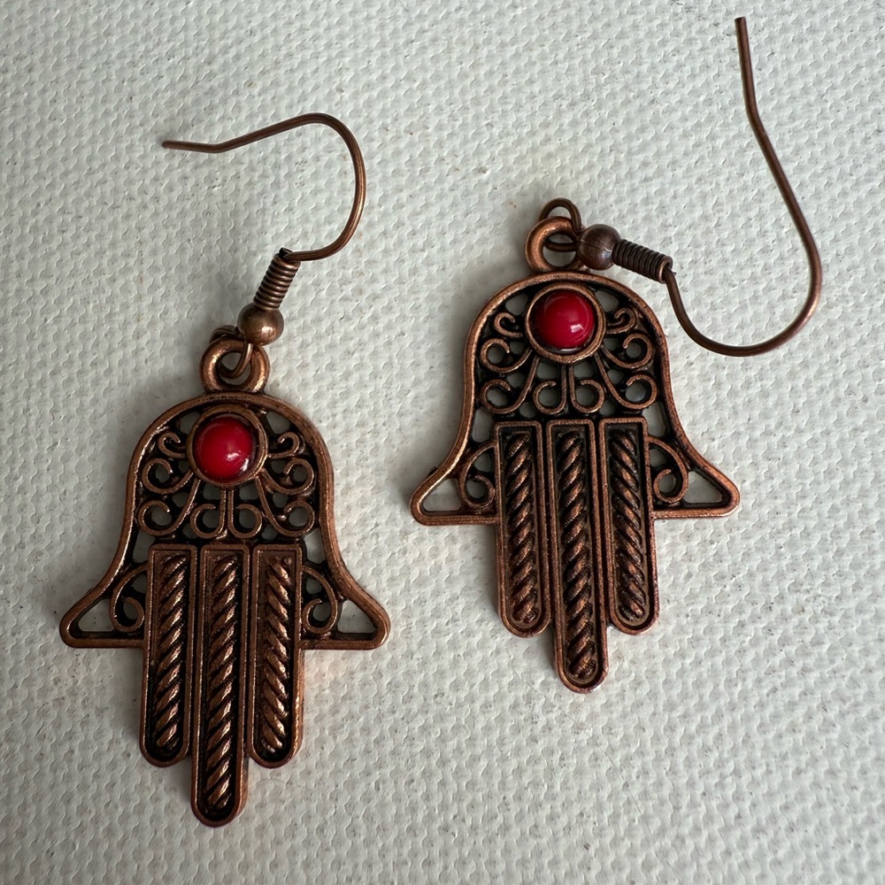 Copper Hamsa Dangle Earrings with Red Accents